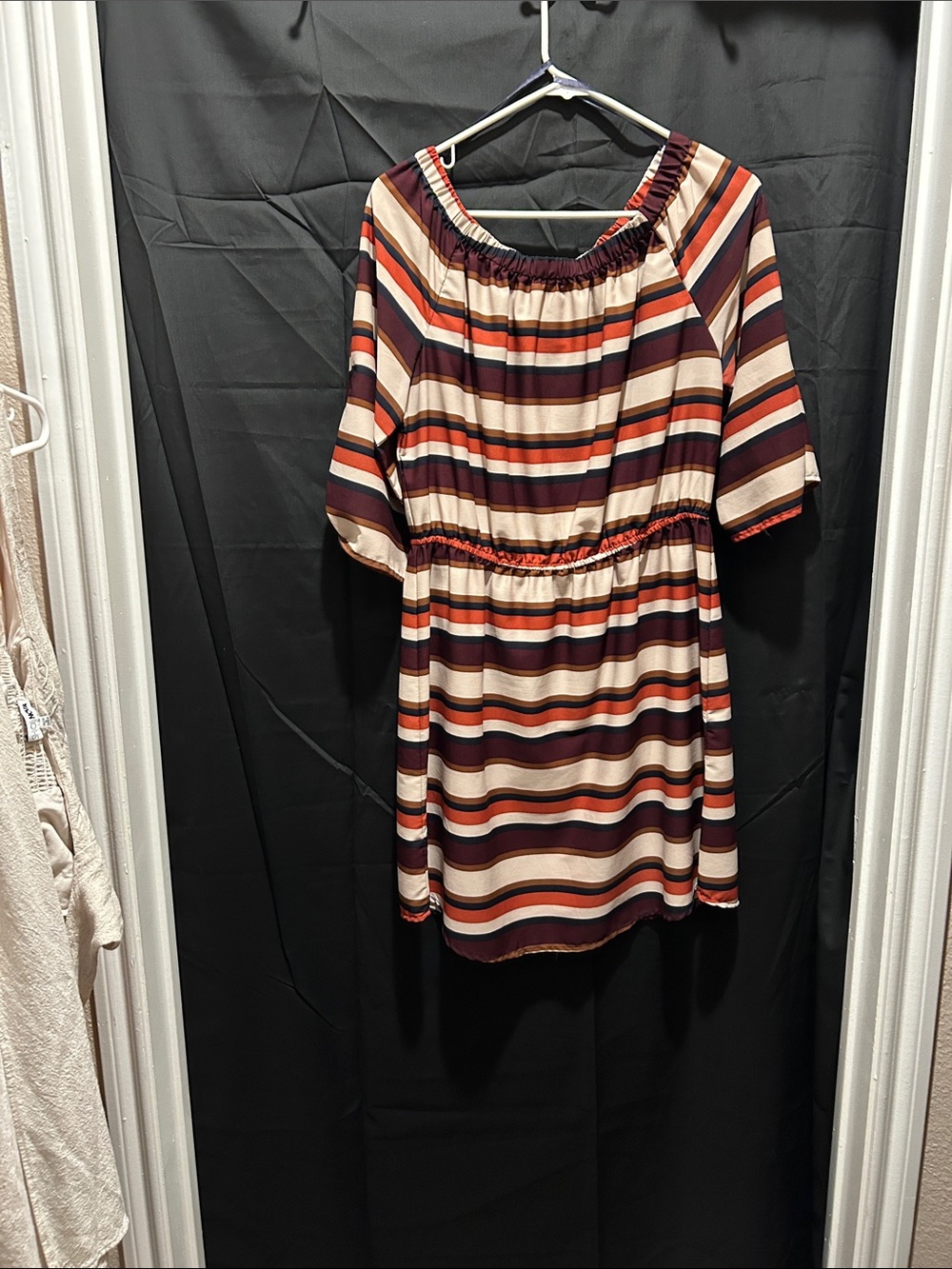 Speed Control Striped Off-Shoulder Midi Dress in Burgundy, Cream, and Rust